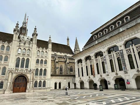 London, England. Gothic facade of Guildhall municipal building completed in 1440 with the grand entrance added in 18th century, Guildhall Yard. City of London. Horizontal