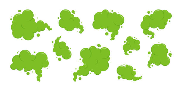 ilustrações, clipart, desenhos animados e ícones de ícone de nuvem de peido, fumaça de mau cheiro, gás tóxico verde, odor fedorento de desenhos animados. ilustração vetorial do aroma - efeito sonoro