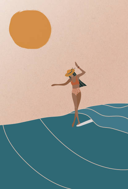 illustrazioni stock, clip art, cartoni animati e icone di tendenza di surfista femminile sull'onda, illustrazione di surf retrò piatta - beach surfing bikini retro revival