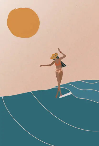 Vector illustration of Female Surfer on the wave, flat retro surf illustration