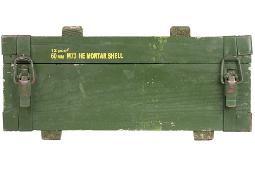 Ammunition crate green color for 60mm mortar shell isolated on white background