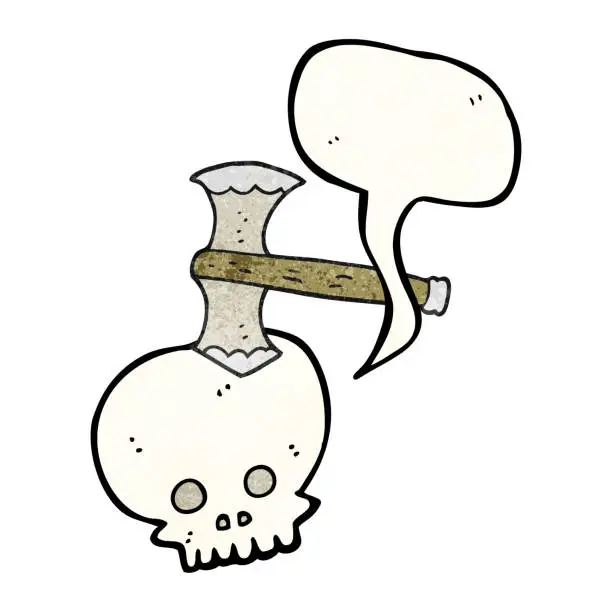 Vector illustration of freehand speech bubble textured cartoon axe in skull