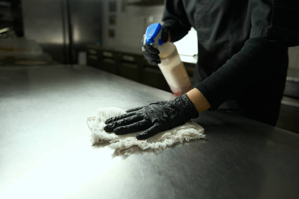 istock Woman washes cutting table in restaurant kitchen with soft cloth 1463250574