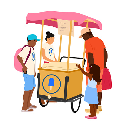 Father and his little girl are buying ice cream from a street vendor.  Flat design illustrations