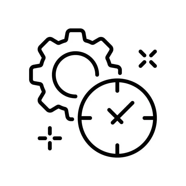 Vector illustration of Clocks with gear line icon. Punctuality, signboard, schedule, hourglass, alarm clock, timer, stopwatch, 24, planning, appointment. Time management concept. Vector line icon on white background