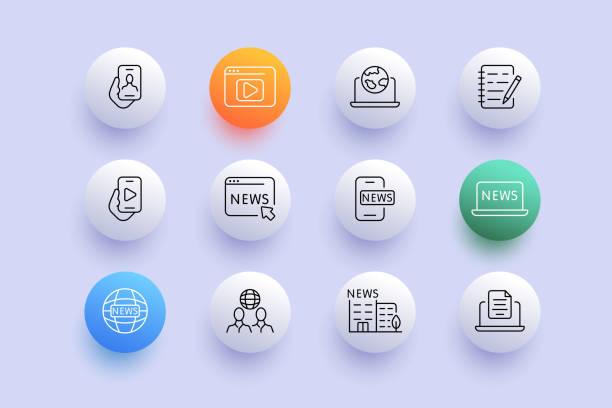 ニュースセットアイコン。プレゼンター、特派員、ニュース速報、テレビ、マイク、ラジオ、通信、吹き出し。タイディングスのコンセプト。ネオモーフィズムスタイル。ビジネス用のベク� - tidings点のイラスト素材／クリップアート素材／マンガ素材／アイコン素材