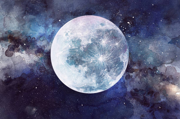 illustrations, cliparts, dessins animés et icônes de aquarelle abstraite ciel nocturne avec illustration de pleine lune - lune