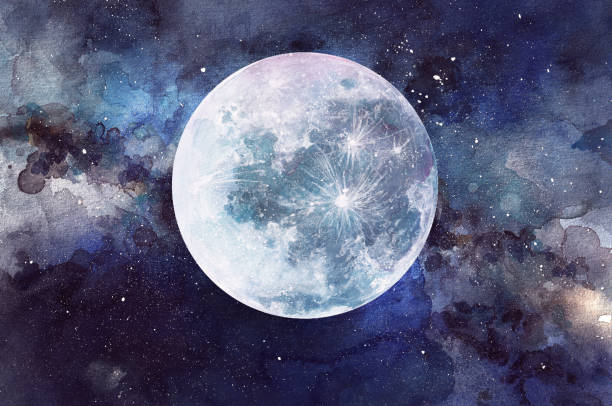 bildbanksillustrationer, clip art samt tecknat material och ikoner med abstract watercolor night sky with full moon illustration - planetmåne