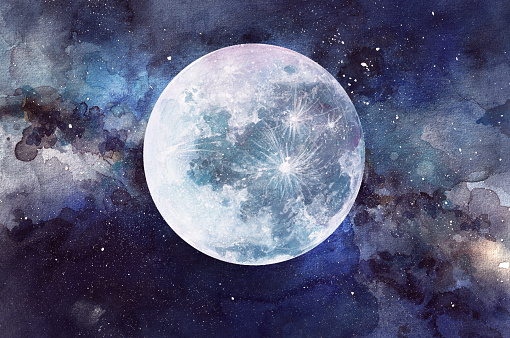 Abstract watercolor night sky with full moon
