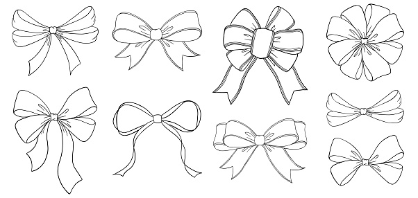 Set of sketched bow and ribbon. Hand drawn vintage line art vector illustration.You can change the line and ribbon collor on the vector deta.