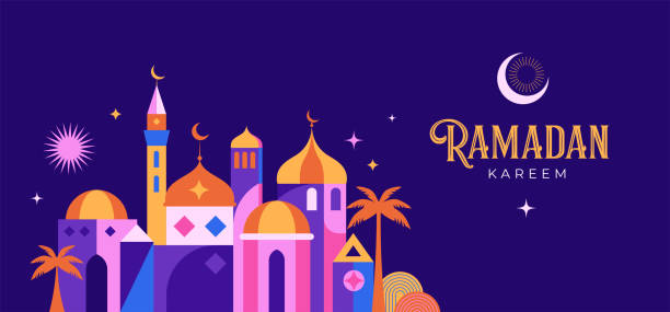 illustrazioni stock, clip art, cartoni animati e icone di tendenza di stile geometrico colorato islamico ramadan kareem banner, design del poster. moschea, luna, cupola e lanterne. illustrazioni minimaliste - ramadan