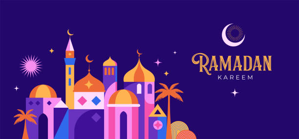 геометрический стиль красочный исламский рамадан карим баннер, дизайн плаката. мечеть, луна, купол и фонари. минималистичные иллюстрации - muslim festival stock illustrations