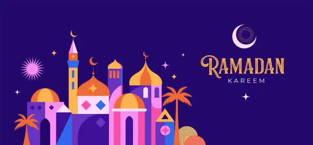 Vector illustration of Geometric style colorful Islamic Ramadan Kareem banner, poster design. Mosque, moon, dome and lanterns. Minimalistic illustrations
