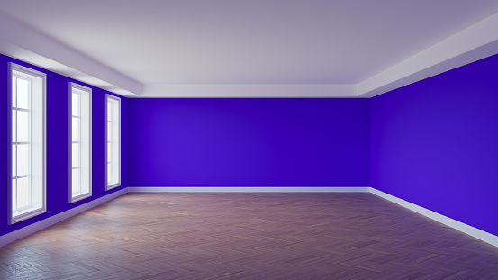 Empty Interior with Violet Walls, White Ceiling and Cornice, Three Large Windows, Glossy Herringbone Parquet Floor and a White Plinth. Perspective View, Interior Concept, 3D illustration, 8K Ultra HD