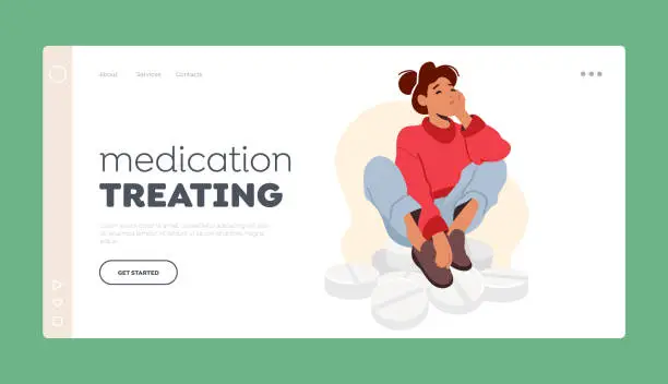 Vector illustration of Medication Treating Landing Page Template. Woman Sit On Big Medicines Heap. Female Character Sitting On Pile of Tablets