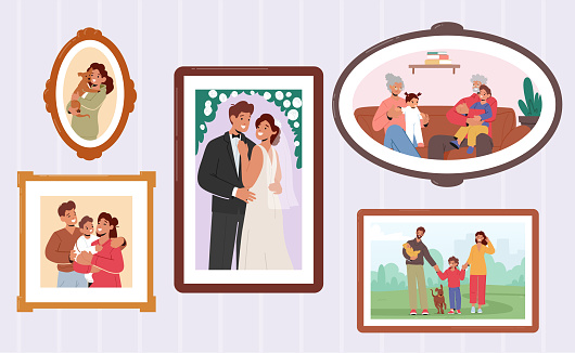 Set Of Happy Family Photos in Frames, Parents Holding Baby On Hands, Smiling Children And Grandparents, Newlyweds Exudes Love, Joy, Togetherness, Human Relation. Cartoon People Vector Illustration