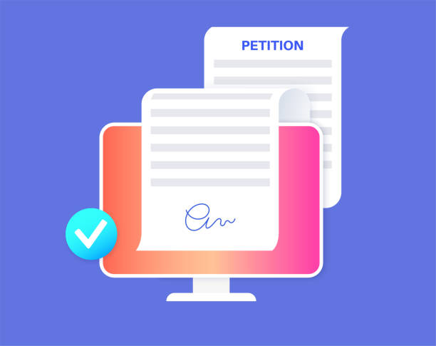 Petition signing process Digital petition signing process. Online counting of signatures concept. Written paper document signed by numerous individuals. Request to the government official or public entity vector illustration petition stock illustrations