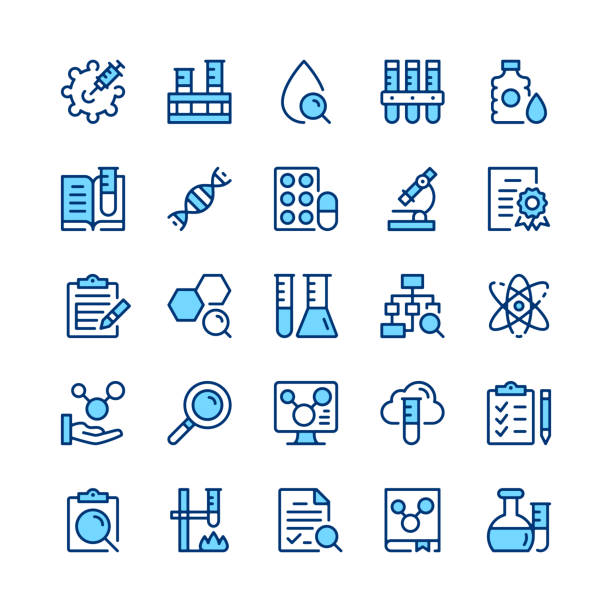 Chemistry line icons. Set of chemistry icons. Blue color. Outline stroke symbols. Vector line icons set - ilustração de arte vetorial