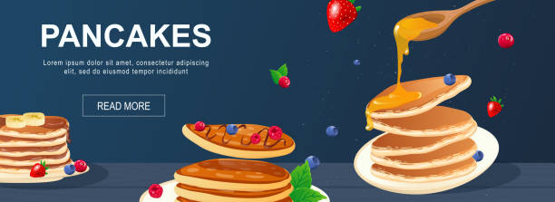Pancakes horizontal web banner. Sweet pancakes with honey or syrup, bananas and berries for breakfast or delicious cafe menu. Vector illustration for header website, cover templates in modern design Pancakes horizontal web banner. Sweet pancakes with honey or syrup, bananas and berries for breakfast or delicious cafe menu. Vector illustration for header website, cover templates in modern design breakfast background stock illustrations