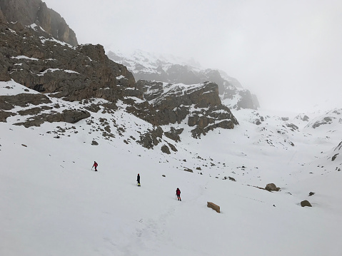 Aladaglar, Nigde, Turkey - February 8: Mountaineers climbing on Emli Valley at winter on February 8, 2018 in Nigde, Turkey. Aladaglar is most important mountain range in Turkey.