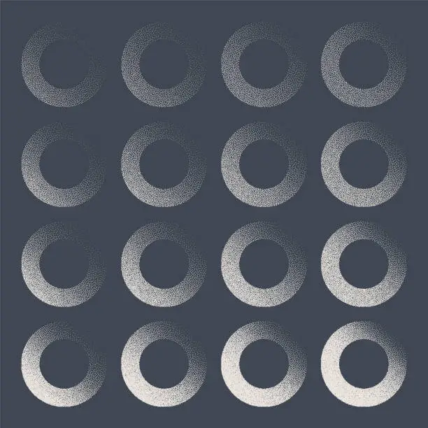 Vector illustration of Round shaped dotted objects, stipple elements. Fading gradient. Stippling, dotwork drawing, shading using dots. Pixel disintegration, halftone effect. White noise grainy texture. Vector illustration