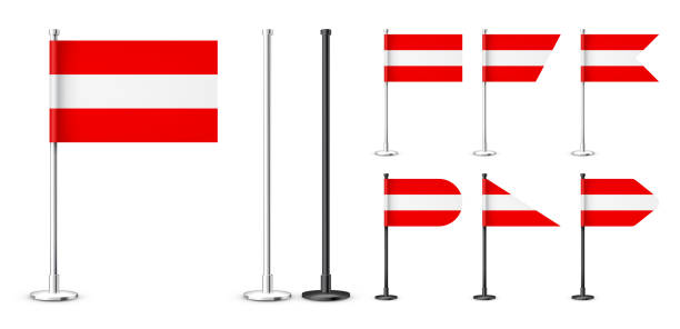 istock Realistic various Austrian table flags on a chrome steel pole. Souvenir from Austria. Desk flag made of paper or fabric, shiny metal stand. Mockup for promotion and advertising. Vector illustration 1463269484