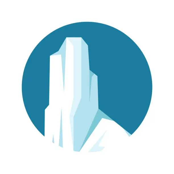 Vector illustration of Round floating iceberg, drifting arctic glacier, block of frozen ocean water. Icy mountains with snow. Melting ice peak. Antarctic snowy landscape. South and North Pole. Vector illustration