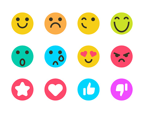 Vector illustration of a collection of cute and essential emoticons for social media, online messaging and global communications. Cut out design elements on a transparent background on the vector file.