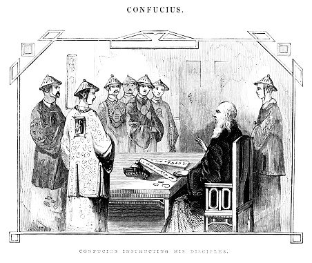 Confucius - a Chinese philosopher politician, and editor - teaches students. Woodcut engraving published 1846. Original edition is from my own archives. Copyright has expired and is in Public Domain. Digitally restored.