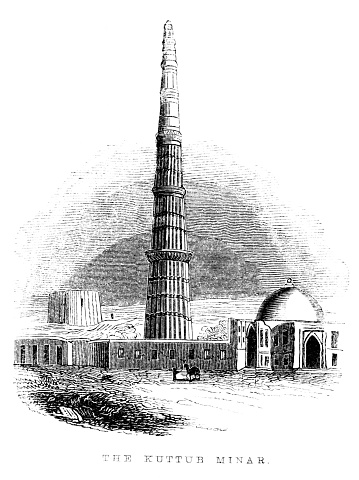Qutab Minar is an Islamic minaret South Delhi, India. Woodcut engraving published 1846. Original edition is from my own archives. Copyright has expired and is in Public Domain.