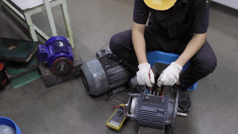 A young engineer is using a multimeter to check the winding resistance in a motor.