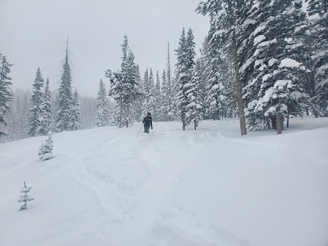 Mature woman skiing in deep powder in a snow storm. Winter Park ski resort, Colorado.