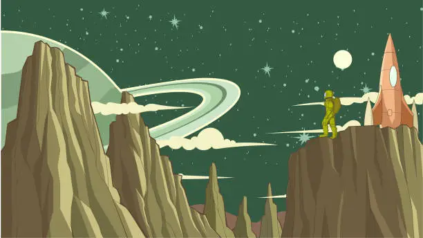 Vector illustration of Retro Style Era Astronaut Landed on a New Planet Cartoon Vector Stock Illustration