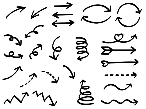 Handwritten round and round arrow set like drawn with a marker. Arrows in the form of arrows, half circles, curves, etc.