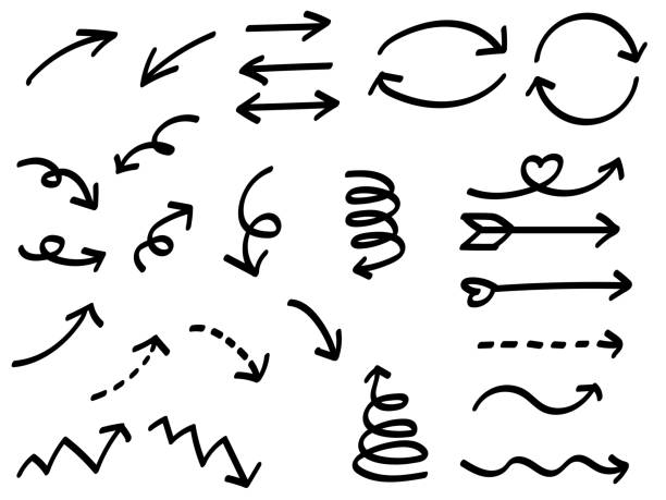 Handwritten round and round arrow set like drawn with a marker. Handwritten round and round arrow set like drawn with a marker. Arrows in the form of arrows, half circles, curves, etc. s shape stock illustrations