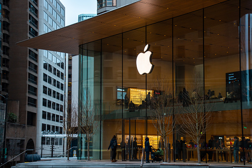 Vancouver, CANADA - Jan 31 2023 : The Store front of Apple Store, a chain of retail stores owned and operated by Apple Inc, at Vancouver Downtown.