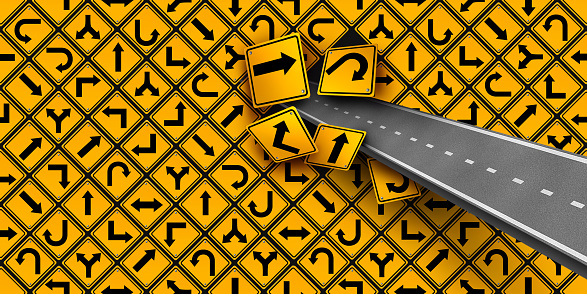 Breaking Free From Confusion and focused on avoiding distraction as a business success concept with focus as a road breaking free from confusing highway signs in a 3D illustration style.