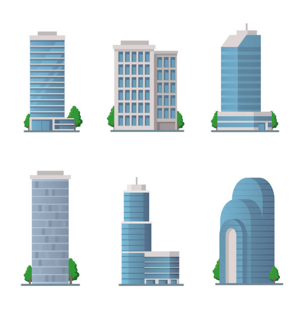 현대 건물과 도시 평면 벡터 아이콘 - skyscraper stock illustrations