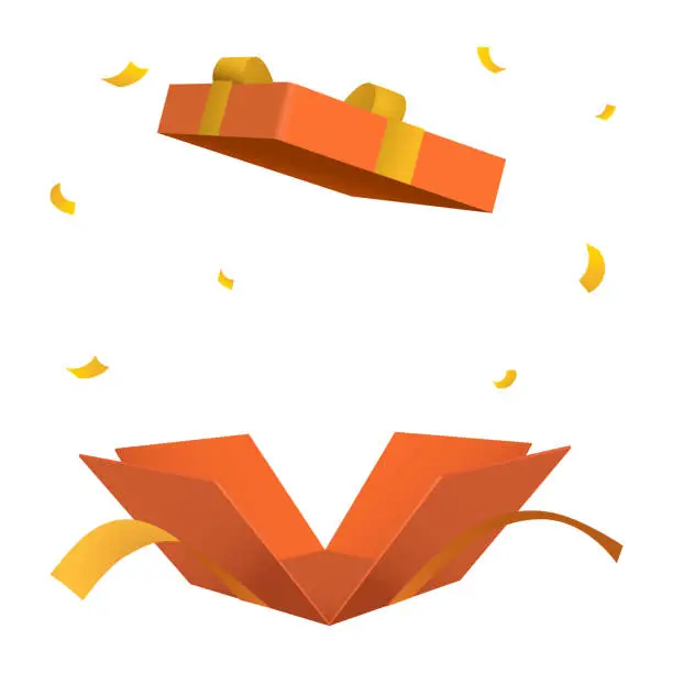 Vector illustration of Surprise open orange gift box isolated with gold ribbon 3d style