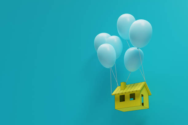 istock Background with a house being moved on balloons, 3d rendering 1463299278
