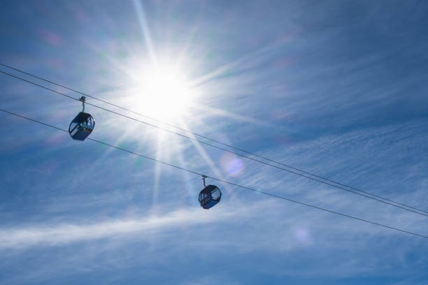 View of two ski gondola cabins with blue sky and sunburst in background