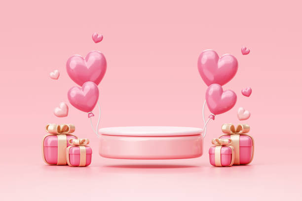 istock Valentine's day pink podium with balloon heart and giftbox background 3D illustration empty display scene presentation for product placement 1463302211