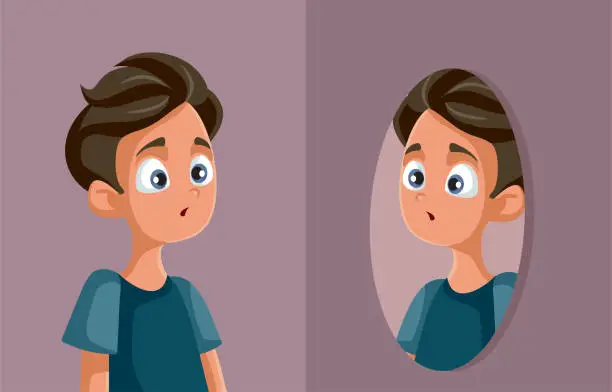 Vector illustration of Insecure Teen Boy Looking in the Mirror Vector Cartoon Illustration