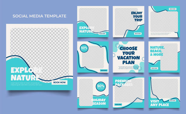 ilustrações de stock, clip art, desenhos animados e ícones de social media template banner travel and vacation service promotion. fully editable square post frame puzzle organic sale poster - wooden post