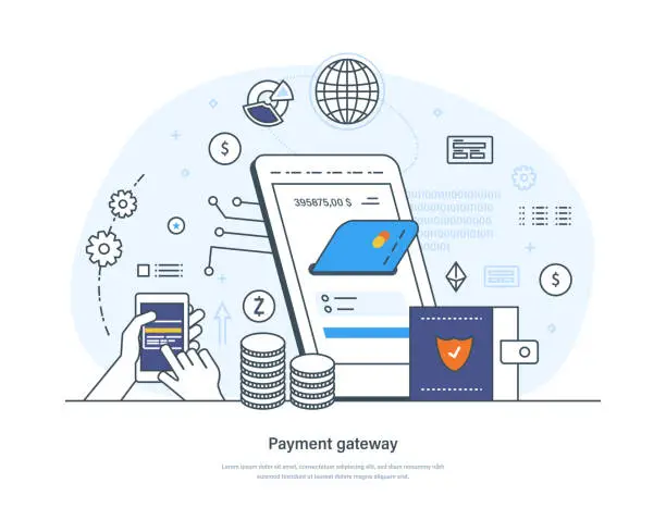 Vector illustration of Payment gateway process, online shopping, security, e-commerce concept