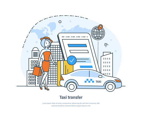 Transfer and taxi service for delivering people to destination. Public taxi hire, order service application, urban and intercity transportation service concept thin line design of vector doodles