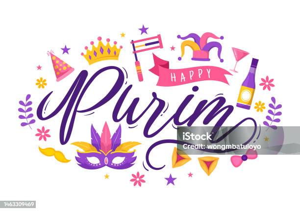 Stock ilustrace Šťastná Purim Ilustrace S Karnevalovými Maskami Židovským Svátkem A Lunaparkem V Ploché Karikatuře Ručně Kreslené Pro Webový Banner Nebo Šablony Vstupních Stránek – stáhnout obrázek nyní