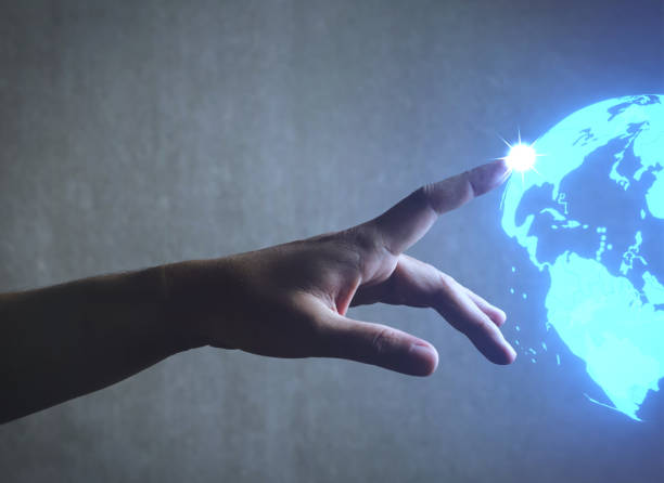 istock people touching, hand fingering, earth hologram. media technology concept 1463309792