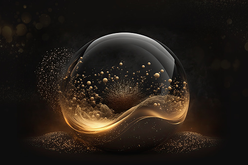 luxury abstract background, Elegant glass orb ball black and gold, glitter particle, 3d rendering