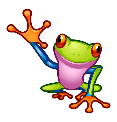 A cartoon illustration of a colorful frog.